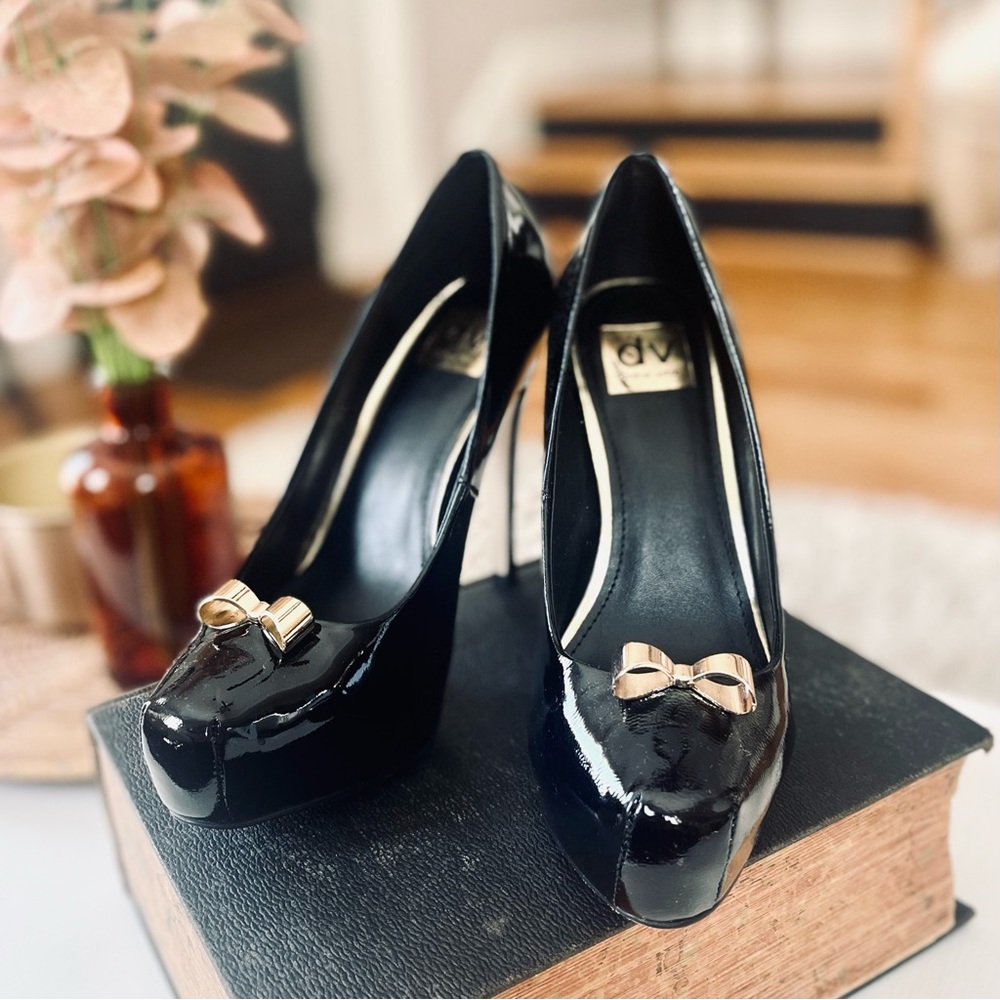 DOLCE VITA Bunny Patent Leather Black Platform Stiletto Heels With Gold …